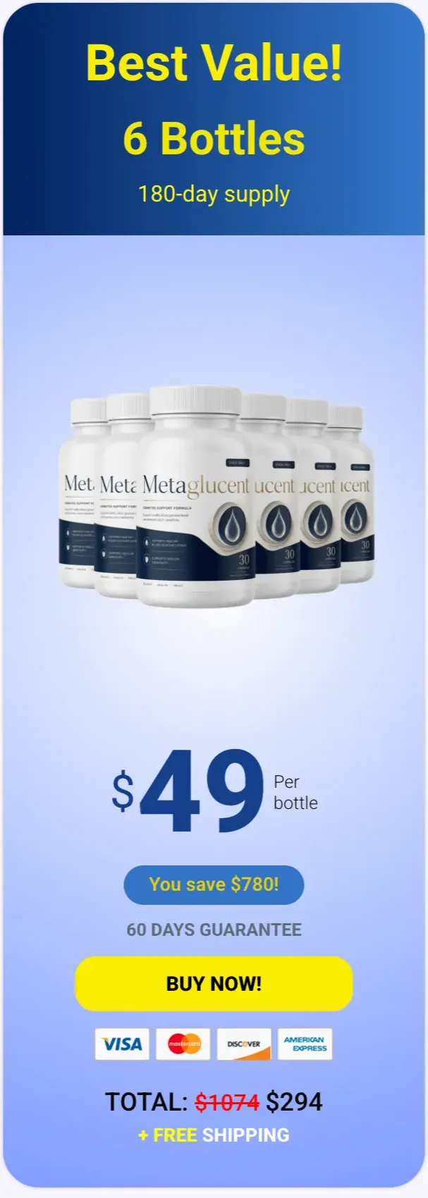 MetaGlucent 6-bottle Best Value bundle — 180-day supply with the biggest savings and free US shipping