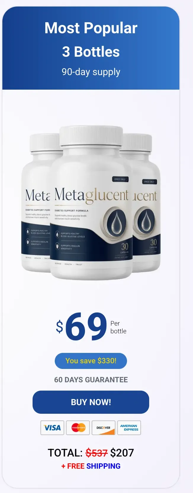 MetaGlucent 3-bottle Most Popular bundle — 90-day supply, free US shipping